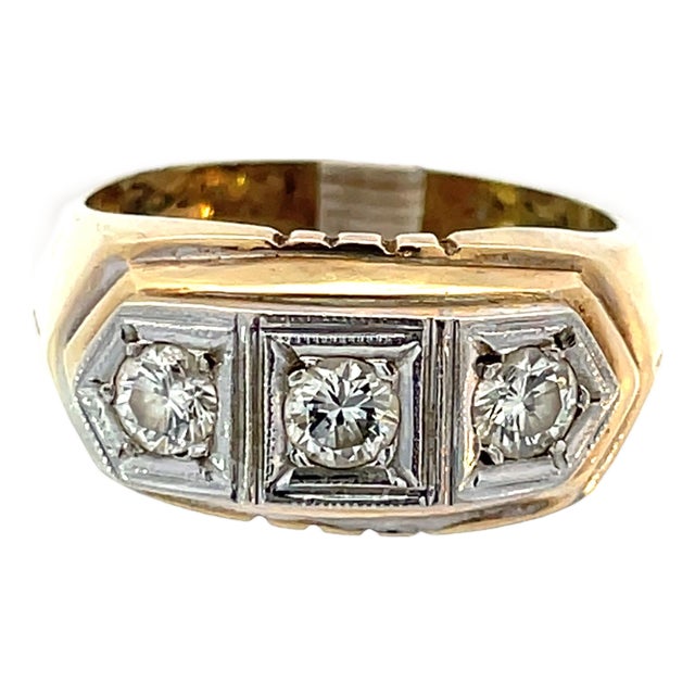 14k Yellow & White Gold Three-Stone Diamond Ring, Size 6.5 For Sale