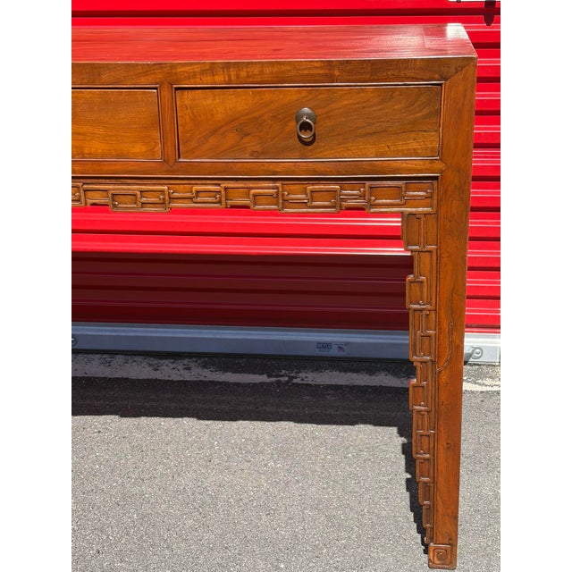 Chestnut 1920s Finely Carved Vintage High Waisted 3 Drawer Credenza Console Table For Sale - Image 8 of 8