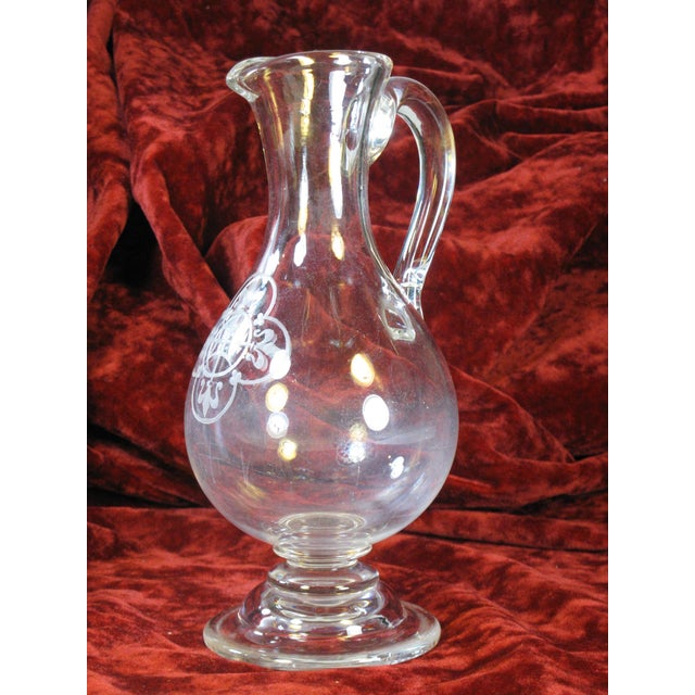 Glass Glass Pitcher Antique Mouth Blown Hand Cut Fleur de Lis Engraved Clear Ca.1860's For Sale - Image 7 of 12