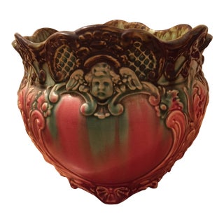 Pink & Green Cherub Stoneware Planter For Sale