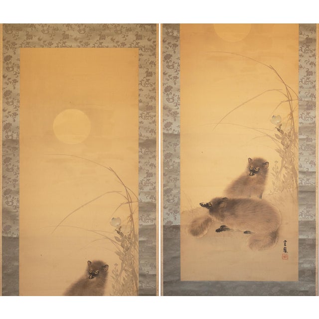 Fine large antique Japanese monochrome silk scroll painting "Raccoons under the Moon" attributed to Mochizuki Seiho...