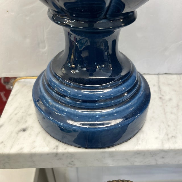 Blue Ceramic Openwork Tabletop Lamp With Top and Bottom Light Sources For Sale - Image 10 of 11
