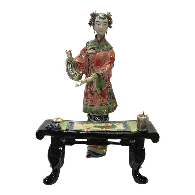Chinese Porcelain Qing Style Dressing Drawing Writing Lady Figure For Sale