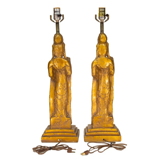 Ceramic 1960s Westwood Tony Paul Hollywood Regency Quan Yin Buddha Lamp Gold Gilt - A Pair For Sale - Image 7 of 12