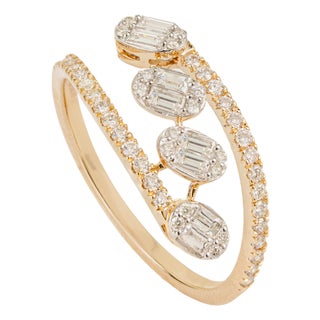Certified 14k Solid Yellow Gold Baguette & Round Diamond Pave Bypass Ring Size 8 For Sale