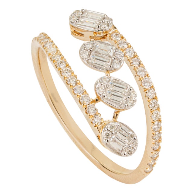 Certified 14k Solid Yellow Gold Baguette & Round Diamond Pave Bypass Ring Size 8 For Sale