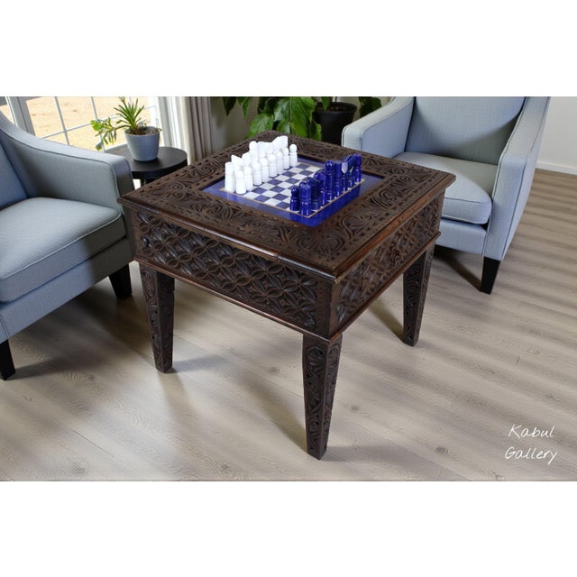 Unique Solid Wood Hand Carved Chess Table Chess Board & Chess Pieces Made From Lapis Lazuli Marble Handmade Chess Set from...