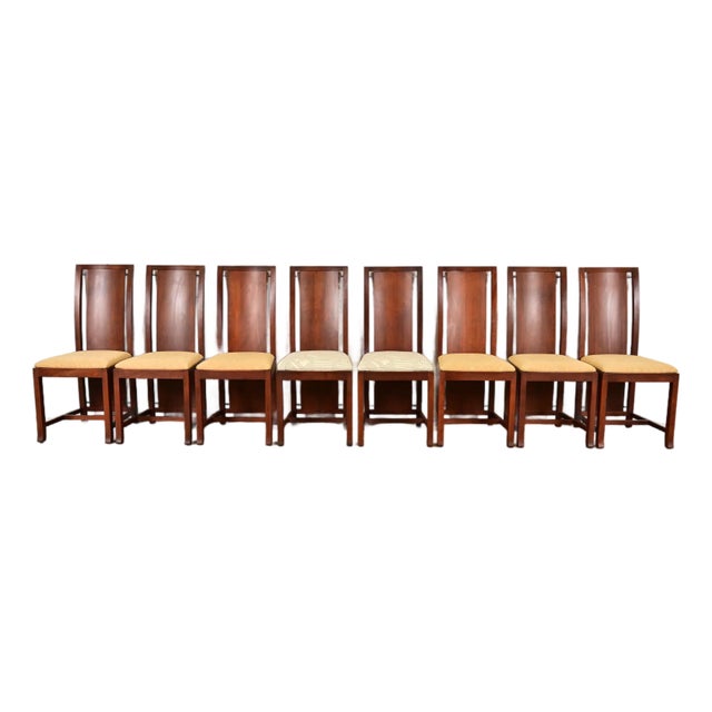 Frank Lloyd Wright Sculpted Mahogany High Back Dining Chairs, Set of Eight For Sale