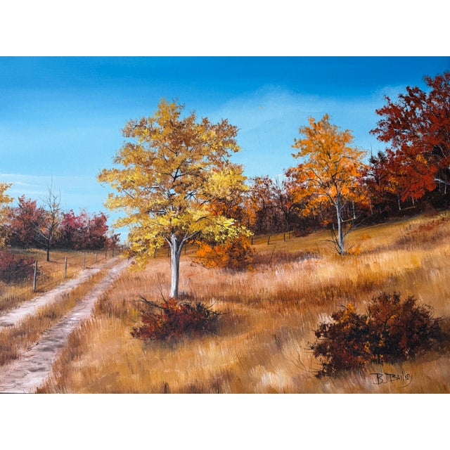 1970s 1970’s B. J. Bailey Autumn Country Path Landscape Oil on Canvas Painting, Rustic Wood Framed For Sale - Image 5 of 12