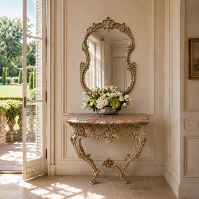 Italian artistry and Rococo movement come together beautifully in this 19th century carved giltwood mirror, a piece...