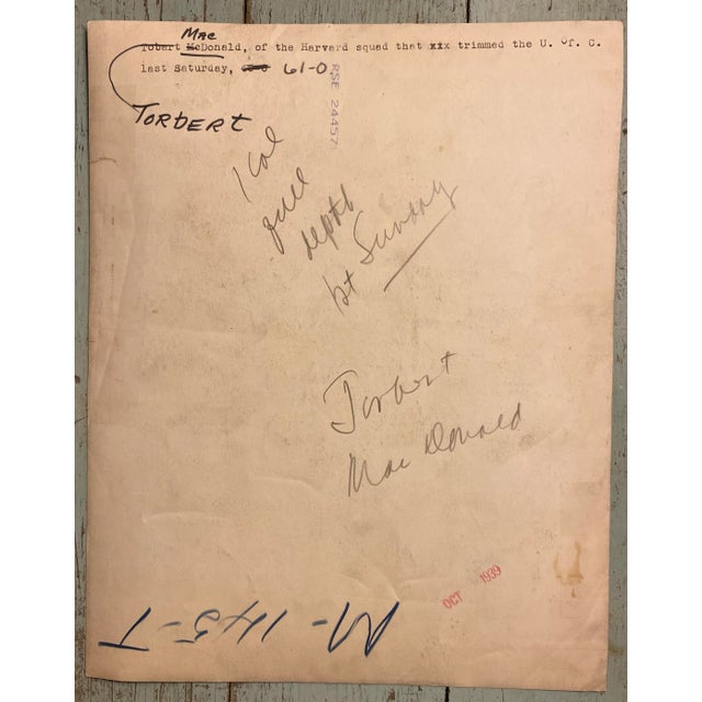 1939 black and white photograph of Torbert Hart Macdonald (1917-1976) Harvard football team player and roommate of John F....