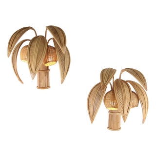 Palm Rattan Wall Sconces, Set of 2 For Sale