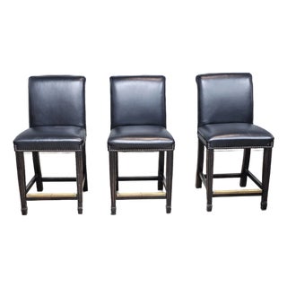 Set of Three Statesville Mahogany Frame Black Leather Bar Stools Counter Stools For Sale