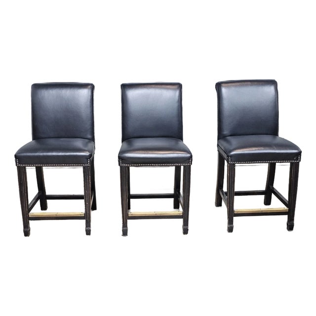 Set of Three Statesville Mahogany Frame Black Leather Bar Stools Counter Stools For Sale