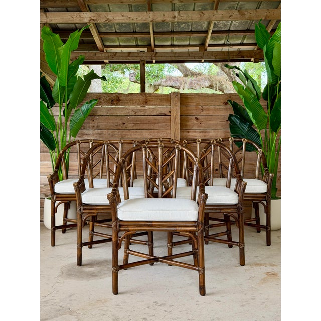 Vintage McGuire M-74 “Arrow Back” Rattan Dining Arm Chairs by Elinor McGuire, Set of Six For Sale - Image 12 of 12