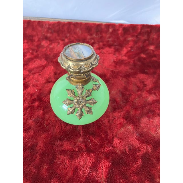 Mid 19th Century French Uranium Opaline Scent Bottle, Hand-Painted Pont Neuf & Louvre Miniature, Gilt Mounts, Napoleon Iii, 3in For Sale - Image 9 of 14