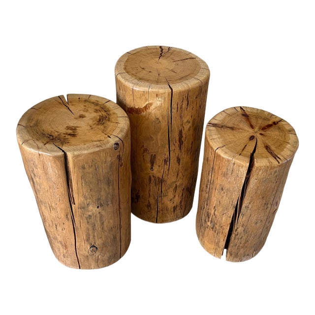 Set of Three Solid Wood Stump Side Tables For Sale