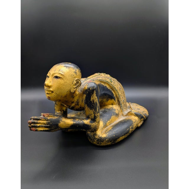 19th Century Burmese Gilt-Wood Statue: Buddhist Monk in Prayer For Sale - Image 4 of 12