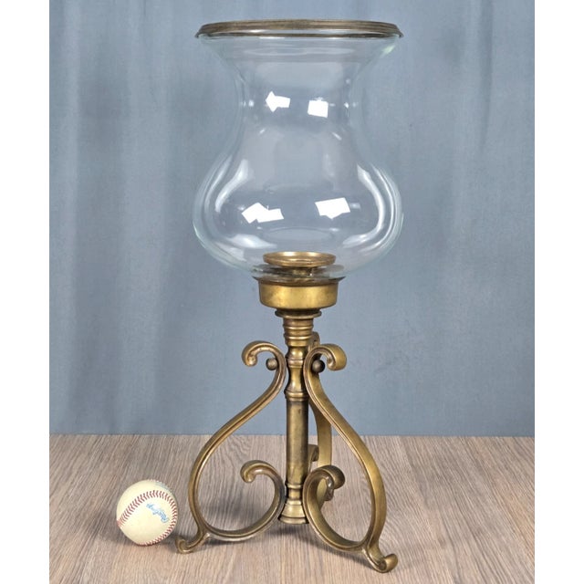1990s 1990s 23.5" Castilian Imports Solid Brass Scroll & Glass Hurricane Candle Holder For Sale - Image 5 of 15