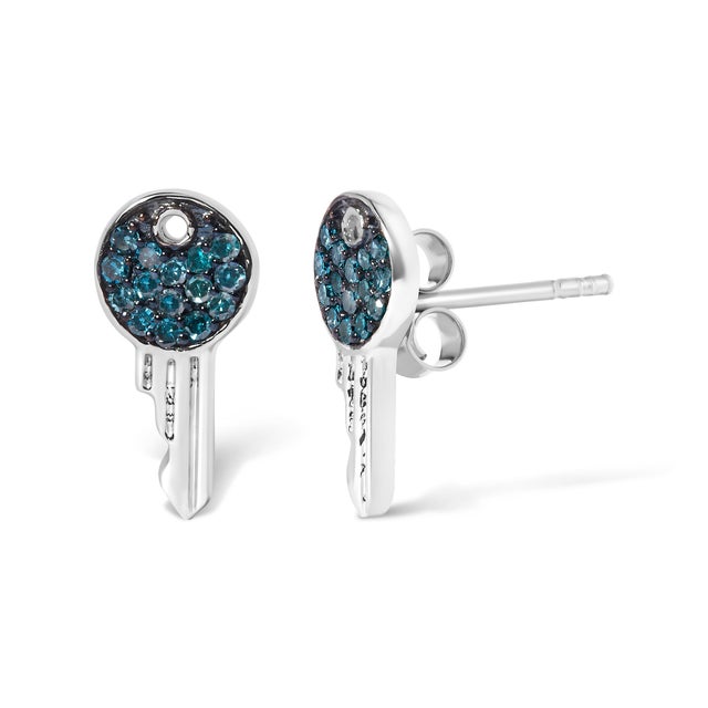 Contemporary Sterling Silver 1/6 Cttw Blue Diamond Key Motif Stud Earrings, Pair For Sale - Image 3 of 4
