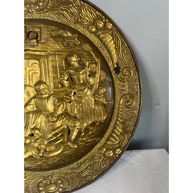 Metal Vintage English Embossed Brass Plate - Colonial Family Scene For Sale - Image 7 of 10