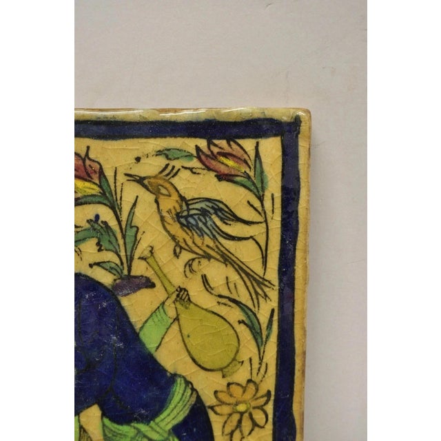 Early 20th Century Antique Persian Iznik Qajar Style Ceramic Pottery Tile Blue Man Woman Kissing C2 For Sale - Image 5 of 10