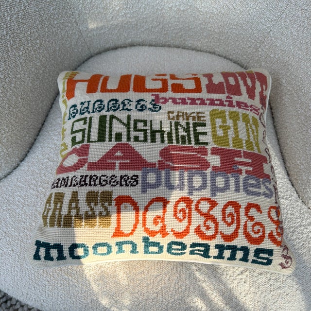 Mid-Century Modern Jonathan Adler Colorful Pop Art Needlepoint Typography Pillow For Sale - Image 3 of 10