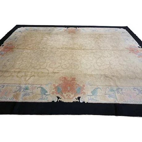 Art Deco 1920s Beige Geometric Antique Chinese Art Deco Carpet 9'2" X 11'9" Knotted Wool Rug For Sale - Image 3 of 9