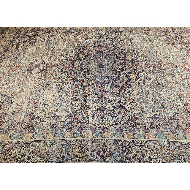 19th Century Oversized Persian Kerman Lavar Rug, Hand-Knotted Wool, Floral Pattern, Ivory & Blue, 11’ X 17’ For Sale In Chicago - Image 6 of 18