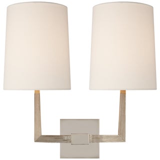 Barbara Barry for Visual Comfort Signature Ojai Large Double Sconce in Polished Nickel with Linen Shade For Sale