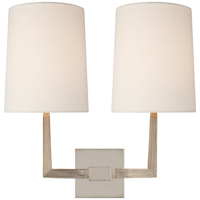 Barbara Barry for Visual Comfort Signature Ojai Large Double Sconce in Polished Nickel with Linen Shade For Sale