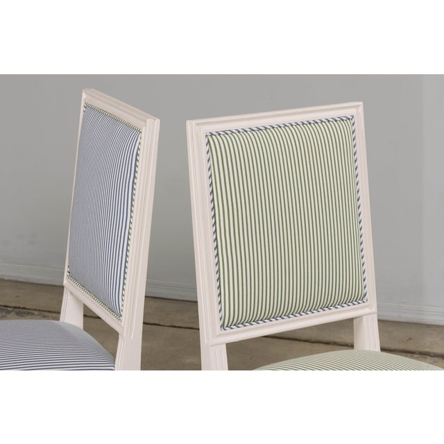 French Louis XVI Style Painted Dining Chairs in Blue & Green Stripe, Set of 6 For Sale In New York - Image 6 of 18