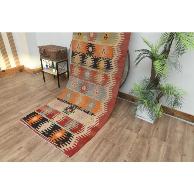 1970s 1970s Vintage Turkish Handmade Wool Cotton Orange Kilim Rug For Sale - Image 5 of 11