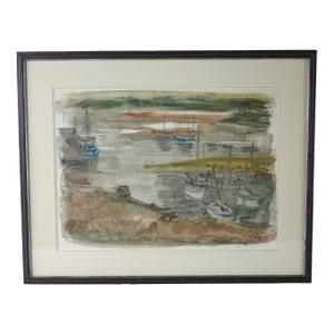 "Anchored in Silence" - Mid 20th Century Watercolor on Paper Signed Original, Framed