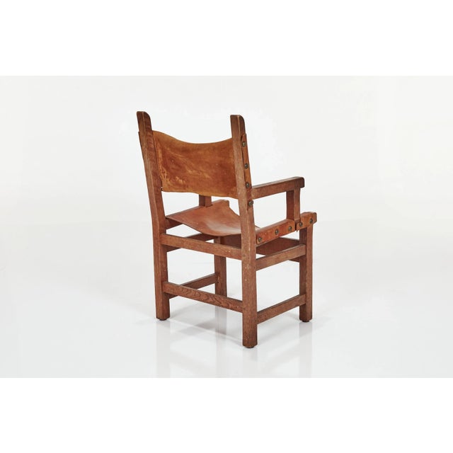 Brown Early 20th Century Spanish Hand-Crafted Oak & Cognac Studded Leather Dining Chairs- Set of 8 For Sale - Image 8 of 12