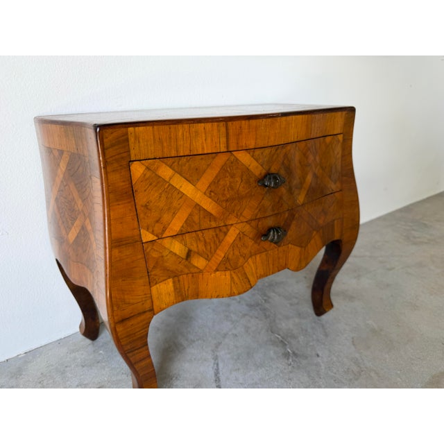 Vintage Italian Burl Olive Wood Parquetry Two-Drawer Miniature Chest With Shell-Form Handles For Sale - Image 11 of 12