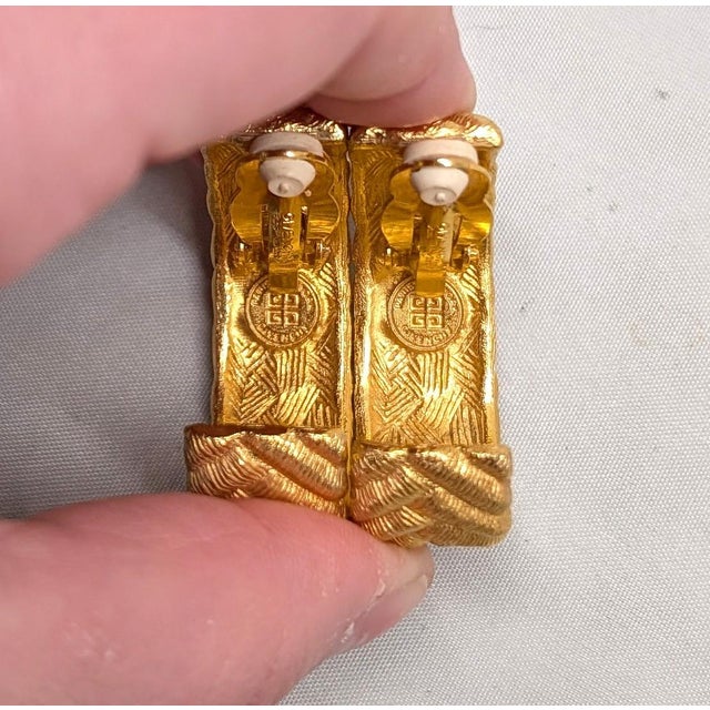 Metal Vintage 1980s Signed Givenchy Goldtone Striped White Cabochon Half Hoop Clip Earrings-2 Pieces For Sale - Image 7 of 7