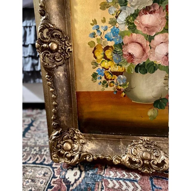Mid 20th Century Floral Still Life Oil Painting with Carved Wood Frame For Sale - Image 9 of 13
