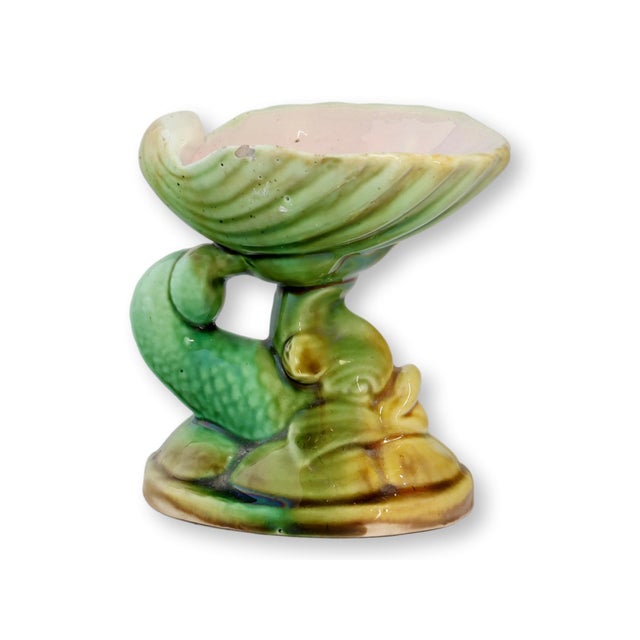 Charming 19th c. English majolica dolphin-form compote or spill vase. Rich green and ochre glaze highlights the scaly...