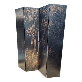 Chinoiserie Style Screen Room Divider in Black With Bamboo Pattern by Baker For Sale