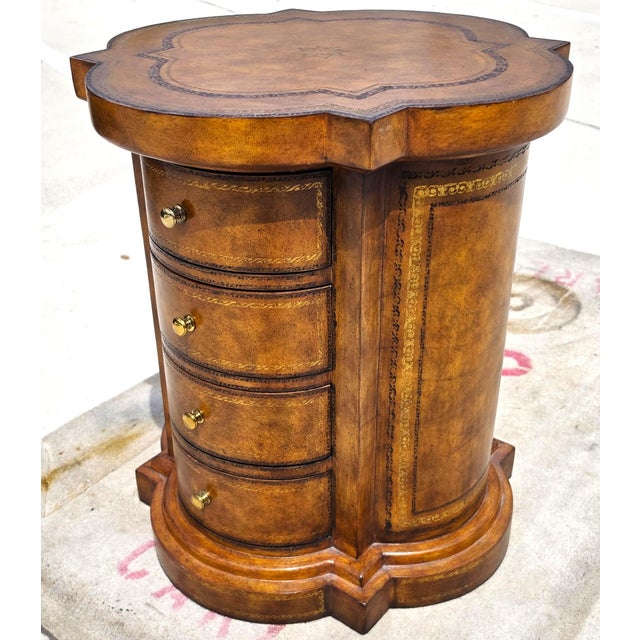 Maitland Smith English Regency Tooled Leather Quatrefoil Drum Chest Side Table For Sale In Miami - Image 6 of 14