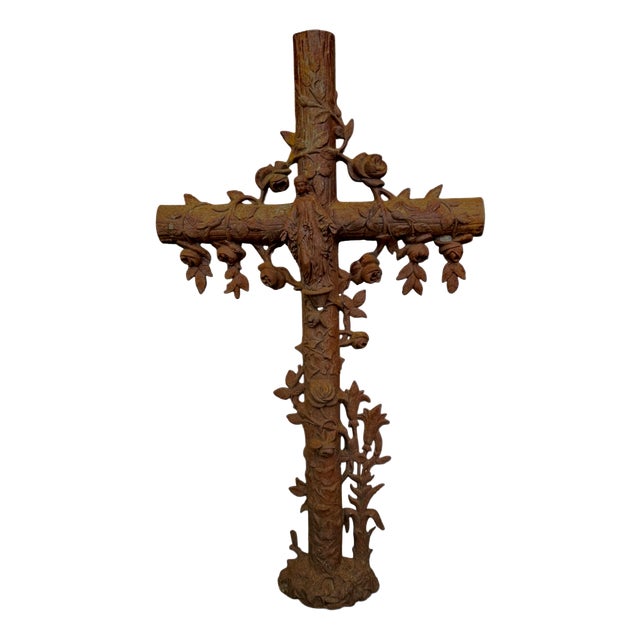 Antique Cast Iron Virgin Mary Cross with Roses, 1890s For Sale