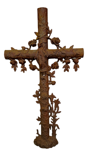 Antique Cast Iron Virgin Mary Cross with Roses, 1890s