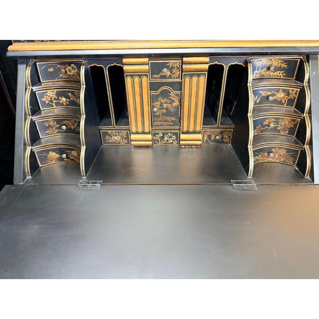 Burton-Ching Chinoiserie Black Lacquered and Hand Painted Gilt Decorated Secretary Desk For Sale - Image 4 of 11
