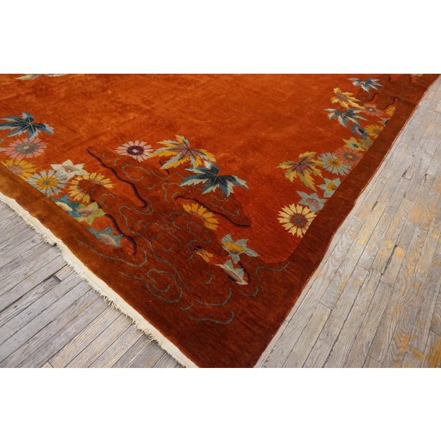 Striking Multi Color Daisies in a Floral Design With Orange-Terra-Cotta Ground Color Antique Chinese Art Deco Rug For Sale - Image 11 of 12