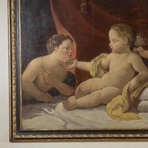 This majestic antique oil painting on canvas represents a refined allegorical composition in classical style. The work...