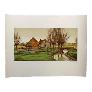 Roger Hebbelinck "Le Pontet" Hand Signed Color Aquatint Etching Unframed For Sale