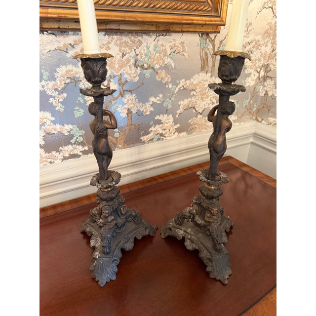 Pair of }Italian Renaissance-Revival Bronze Candlesticks For Sale - Image 12 of 15