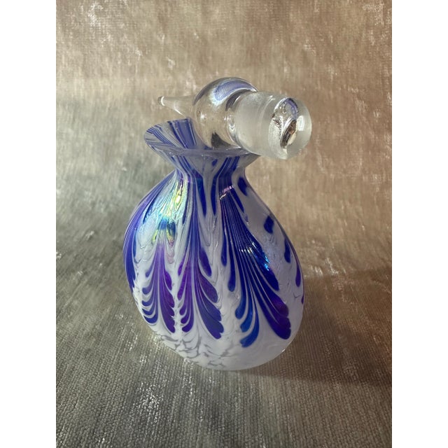 Vtg Royal Limited Crystal Blue White Feathered Luster Perfume Bottle w Stopper. 174g Lovely glass perfume bottle with...