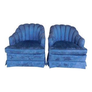 Custom Rolled Tufted Back Velvet Upholstered Club Chairs - a Pair For Sale